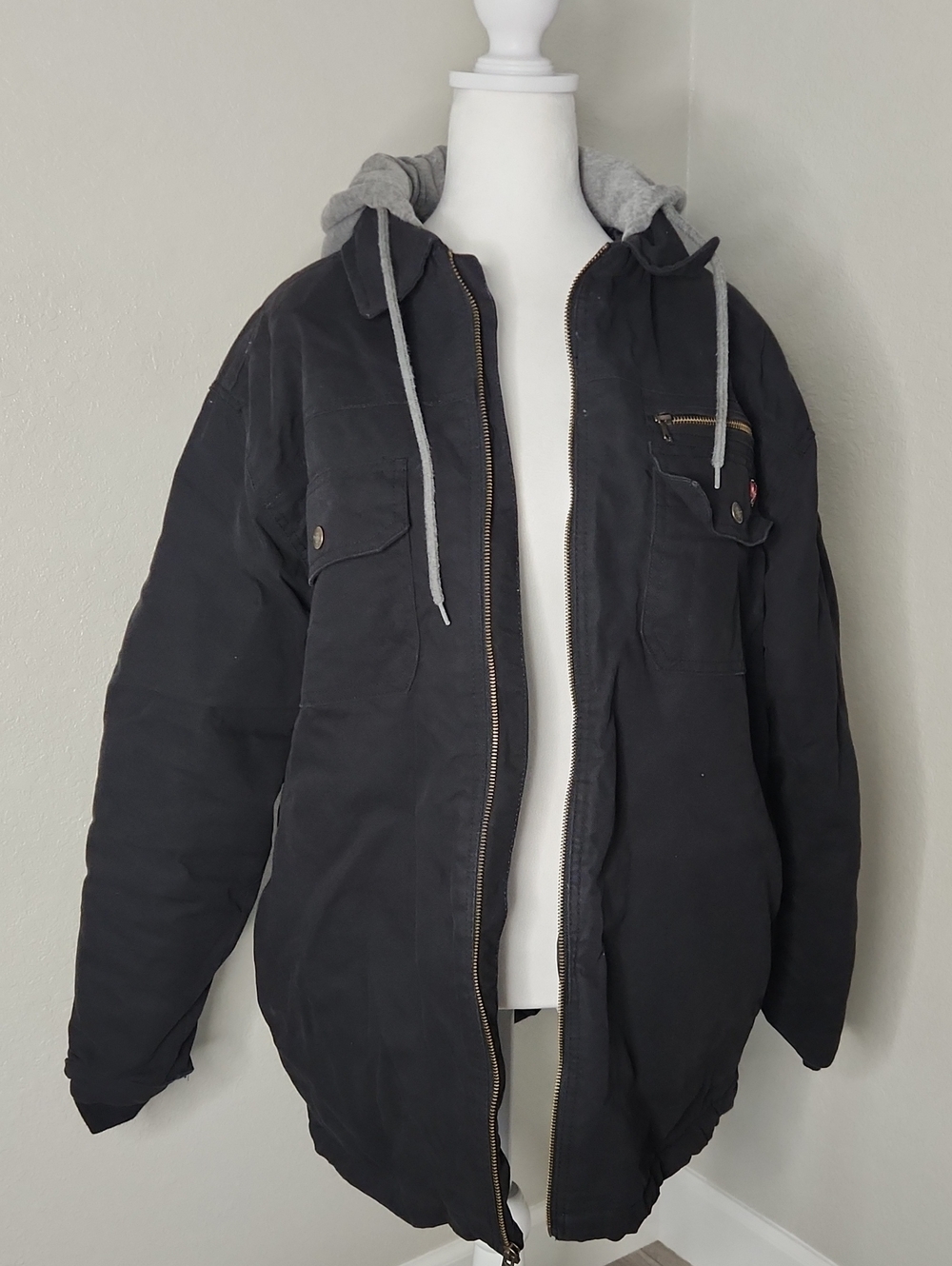 Wrangler Workwear Men's Black Hooded Zip-Up Jacket with Grey Hood